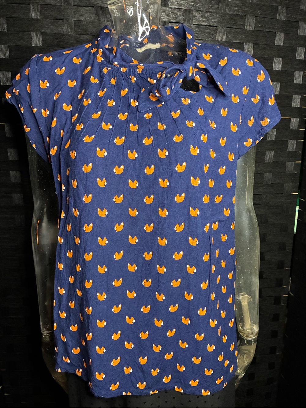 Tie-Neck Squirrel Blouse in Navy and Orange